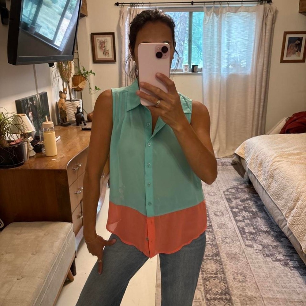 MINE Sleeveless Colorblock Button Down Blouse Teal Coral Size M